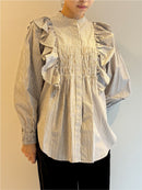 CTN STRIPE BIG FRILL SHIRRING SHIRTS