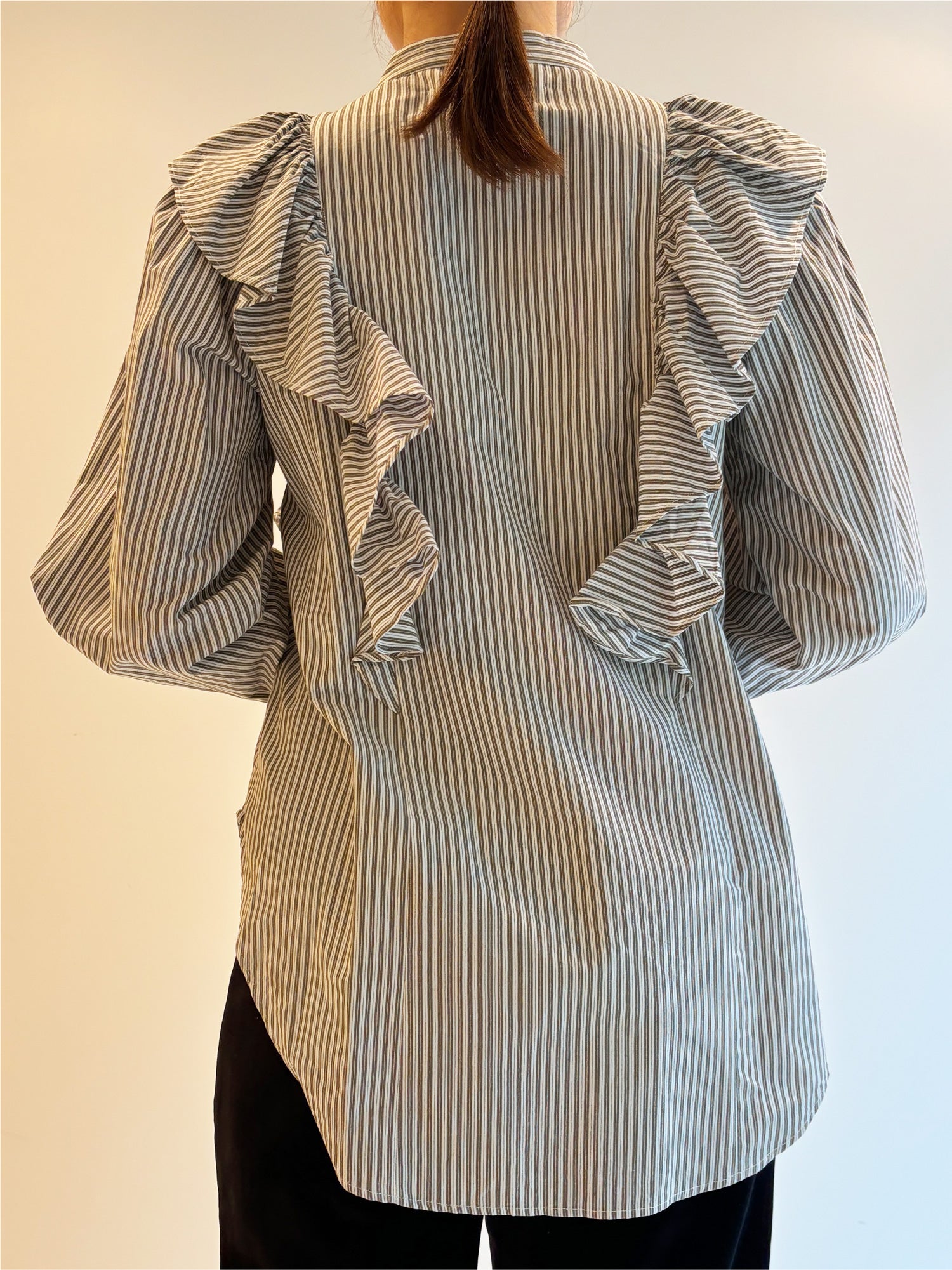 CTN STRIPE BIG FRILL SHIRRING SHIRTS