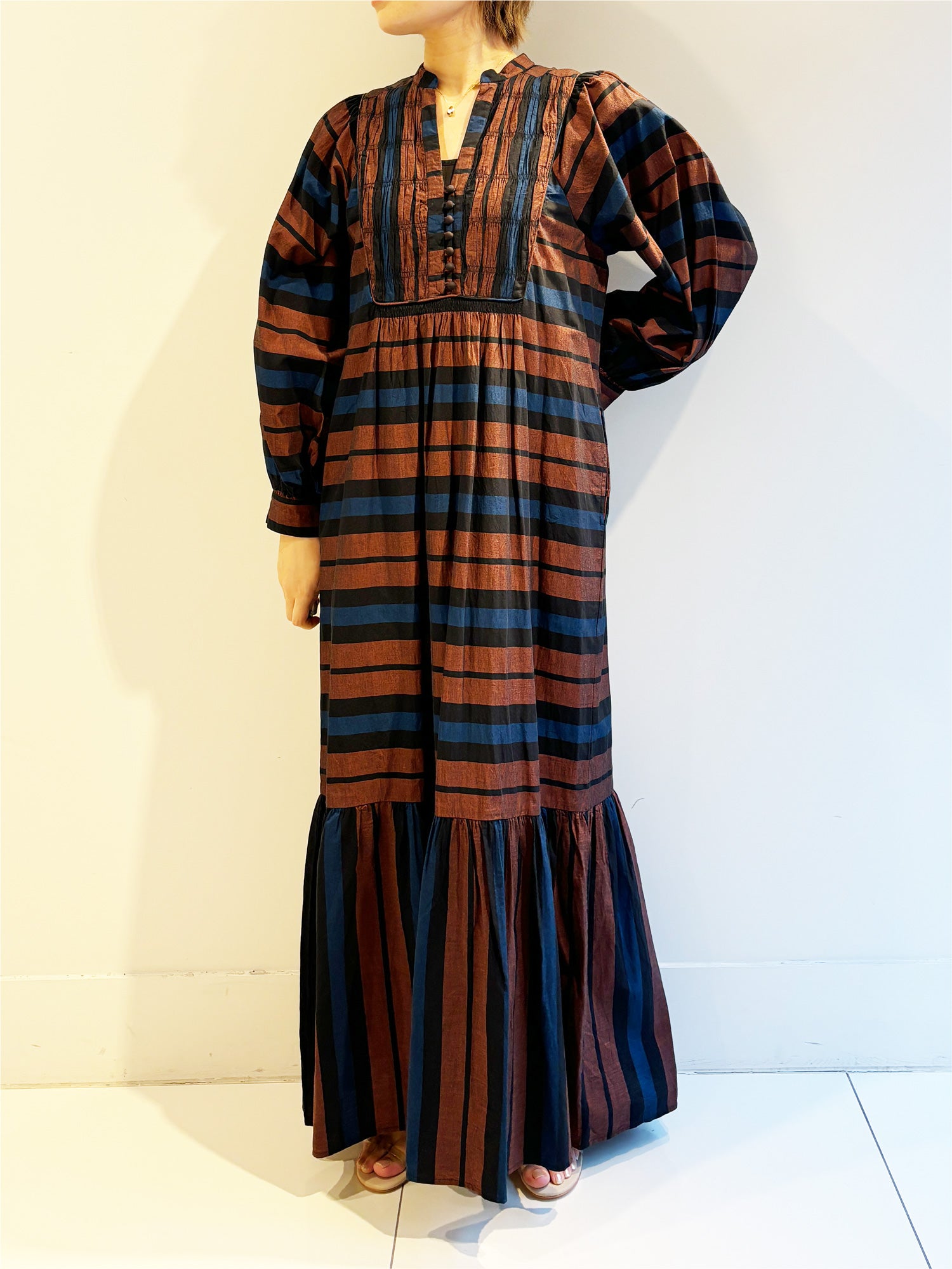 CTN MULTI BORDER SHIRRING DRESS