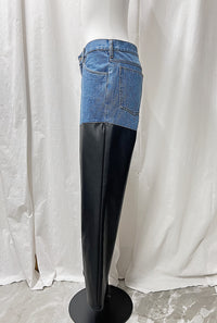 DENIM × FAKE LEATHER PANTS