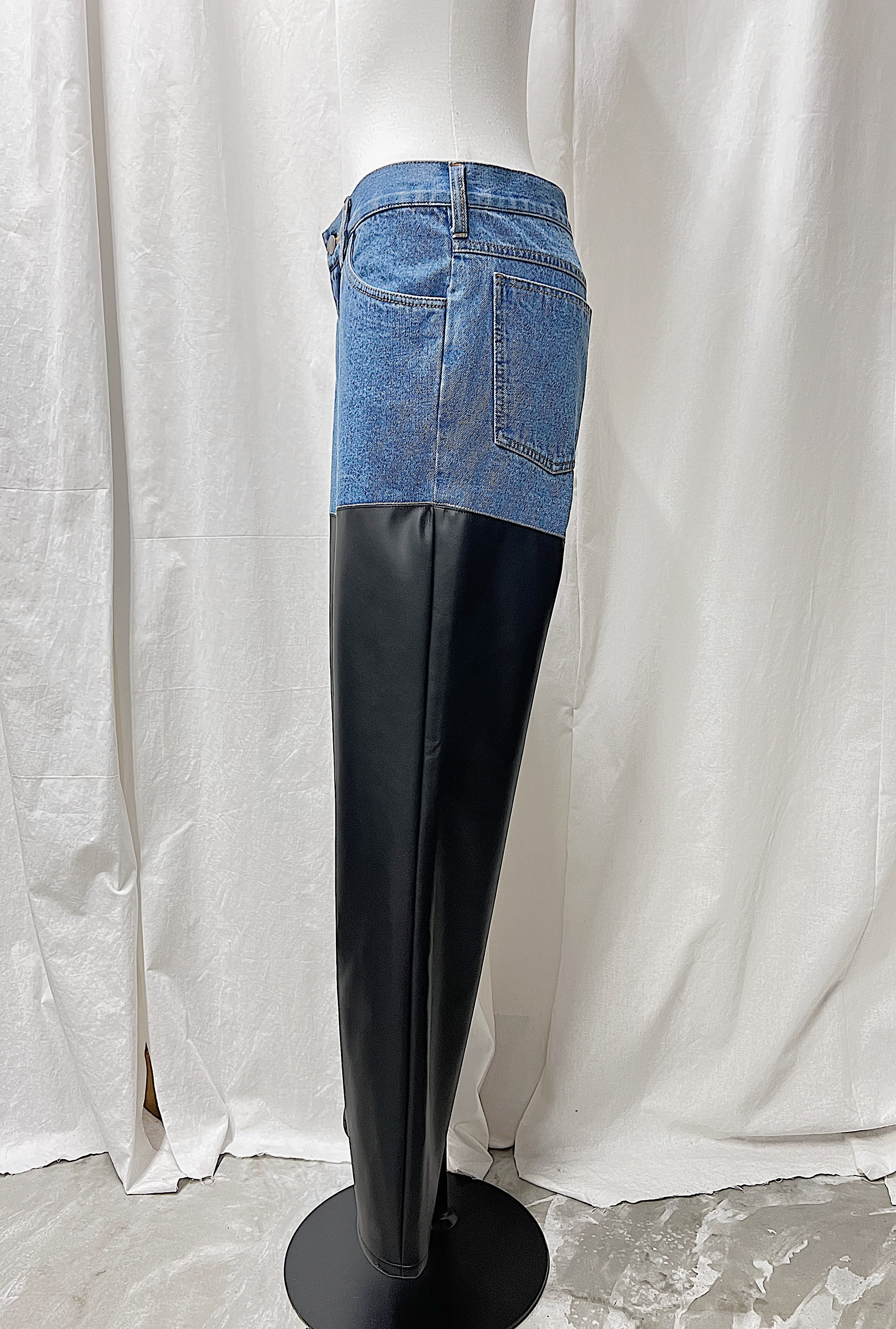 DENIM × FAKE LEATHER PANTS