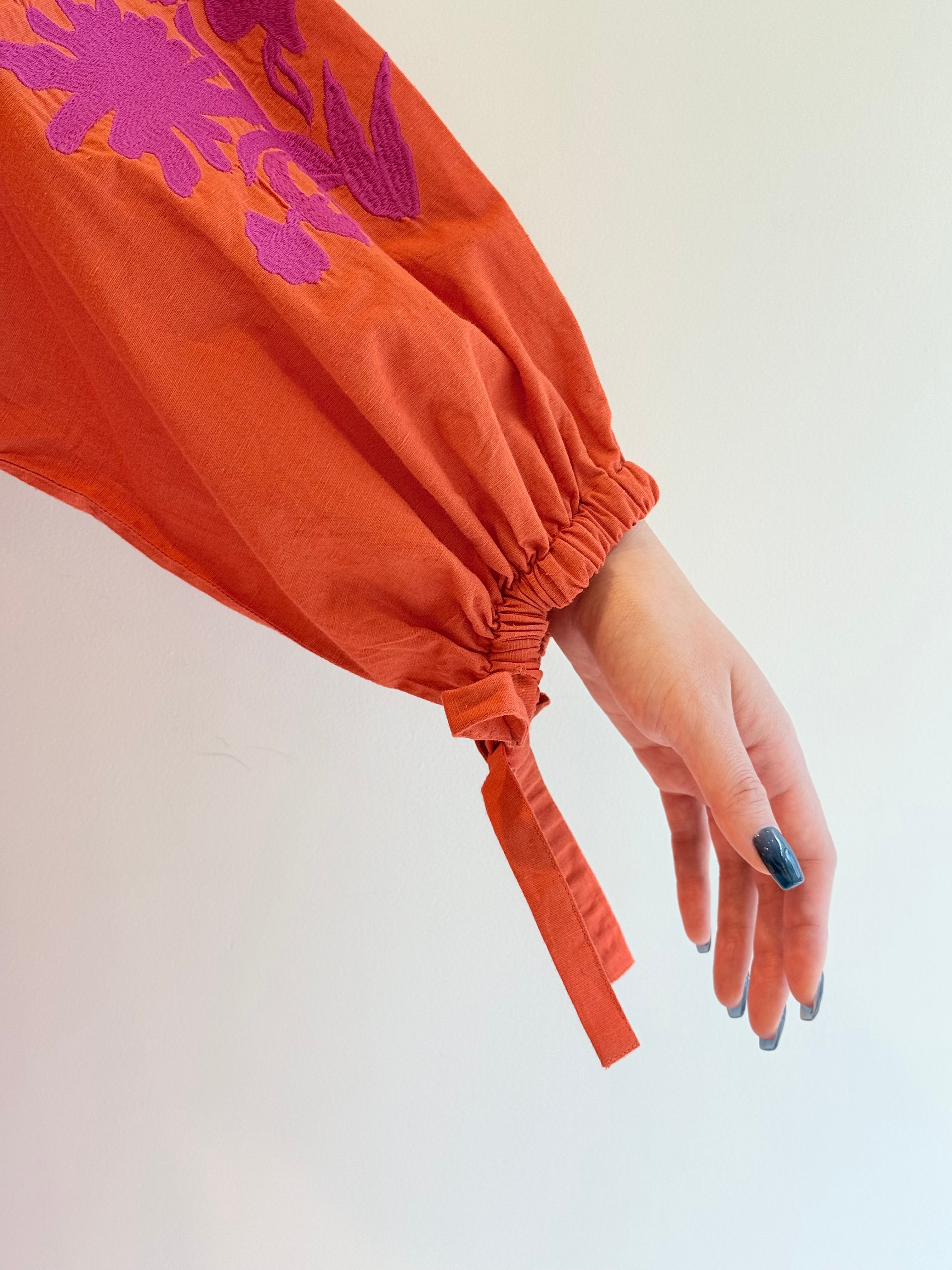 C.LINEN BIG FLOWER EMB DRESS