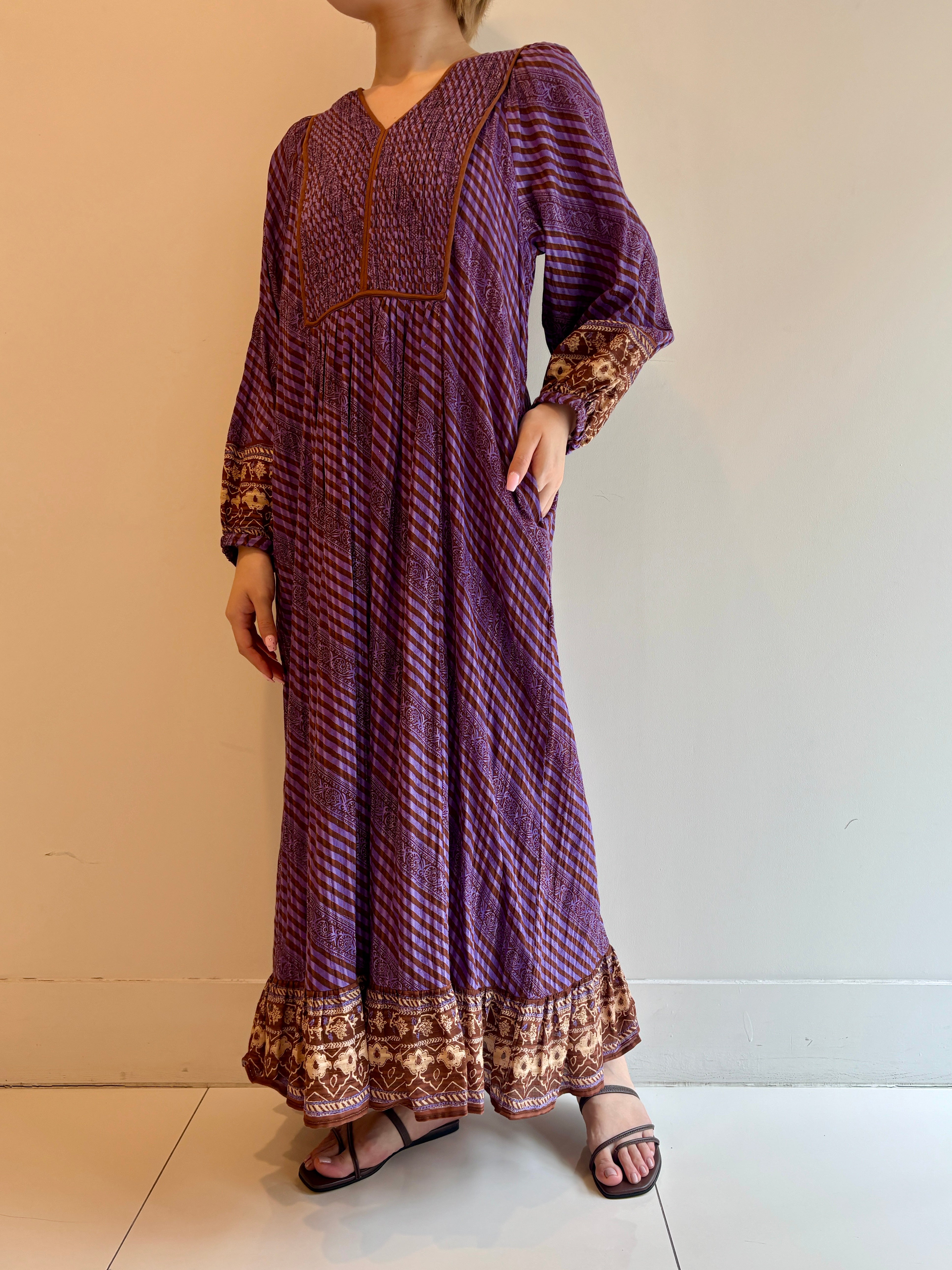 COTTON STRIPE ETHNIC PRINT DRESS