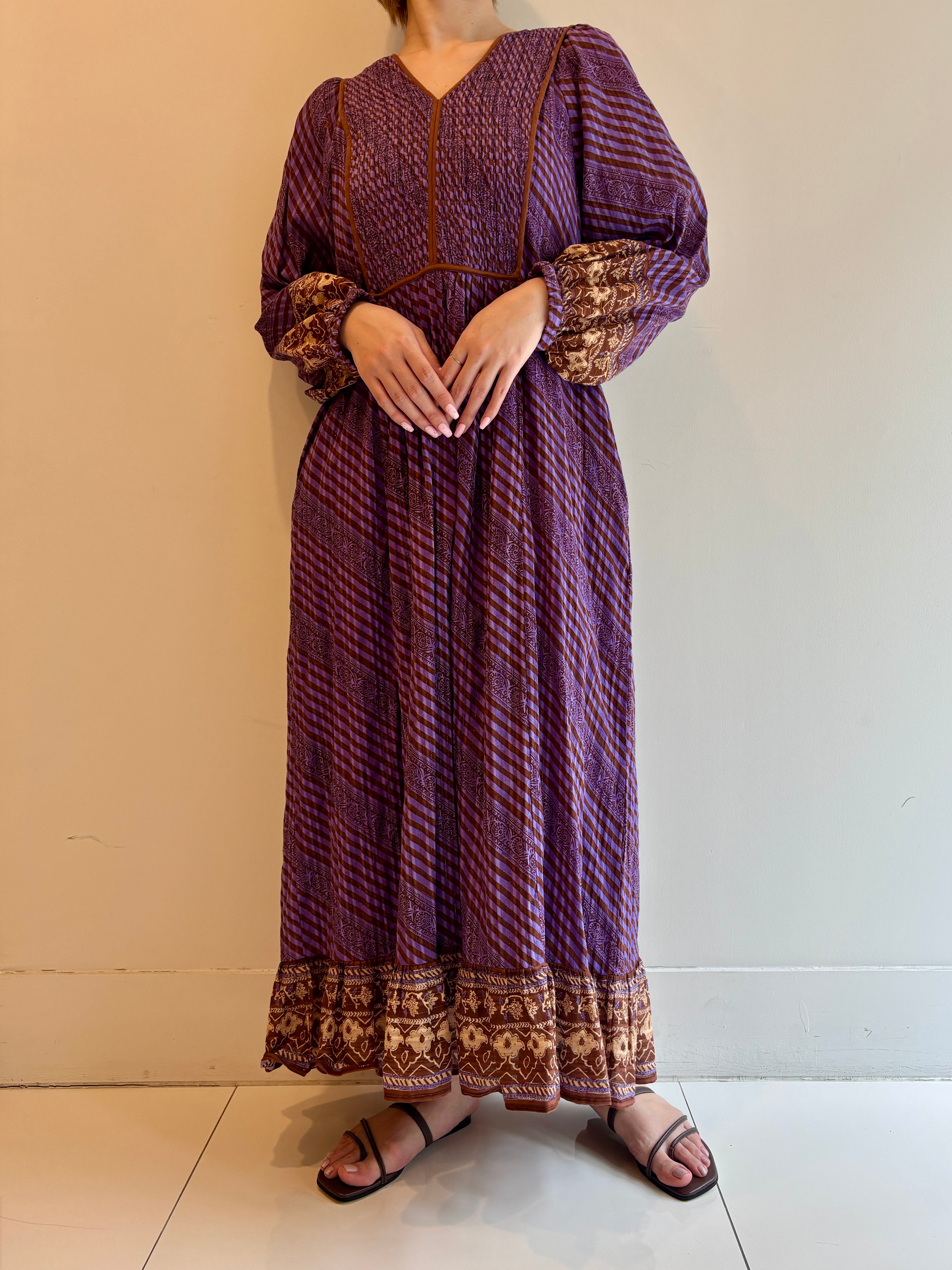 COTTON STRIPE ETHNIC PRINT DRESS