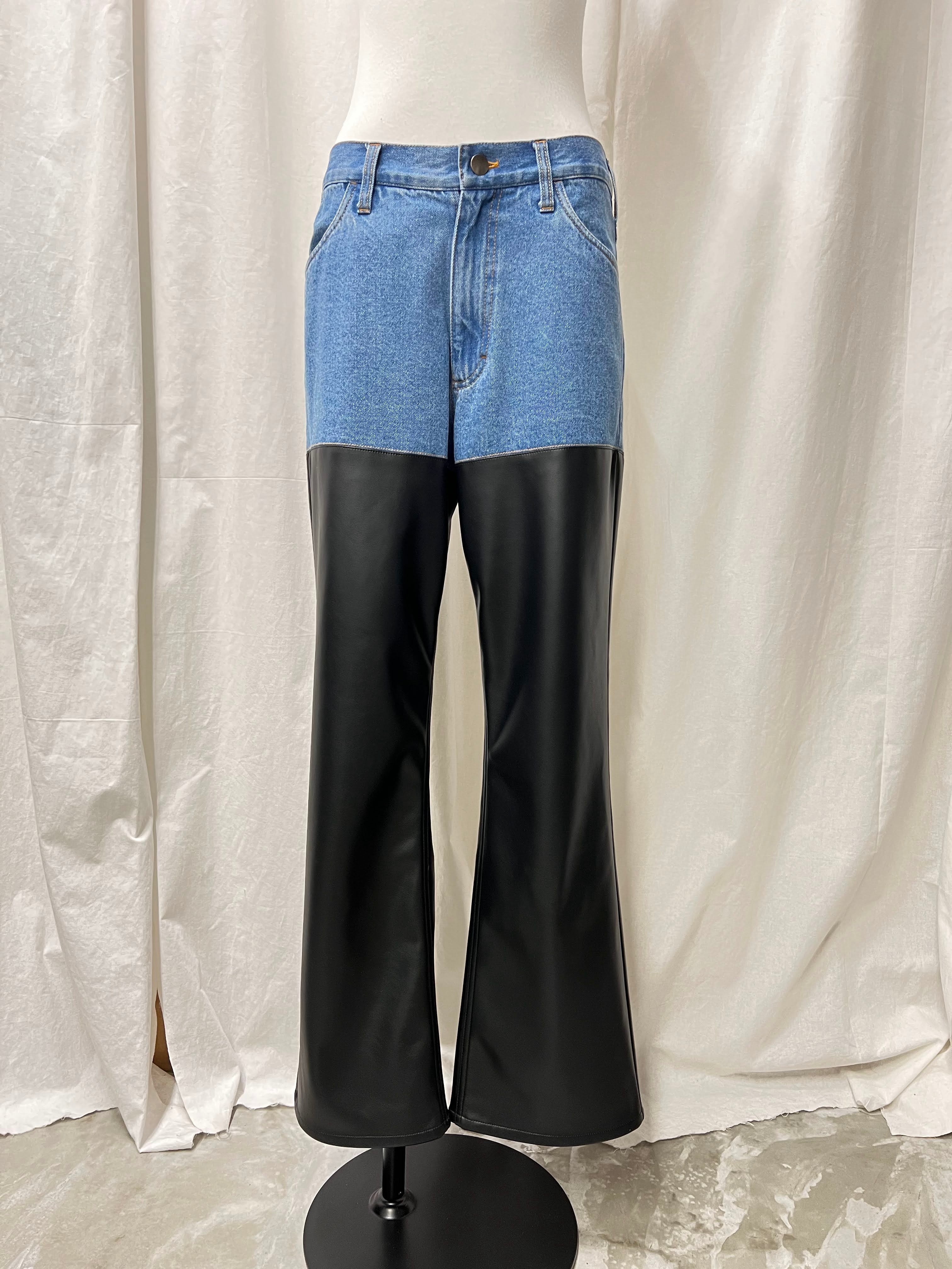 DENIM × FAKE LEATHER PANTS