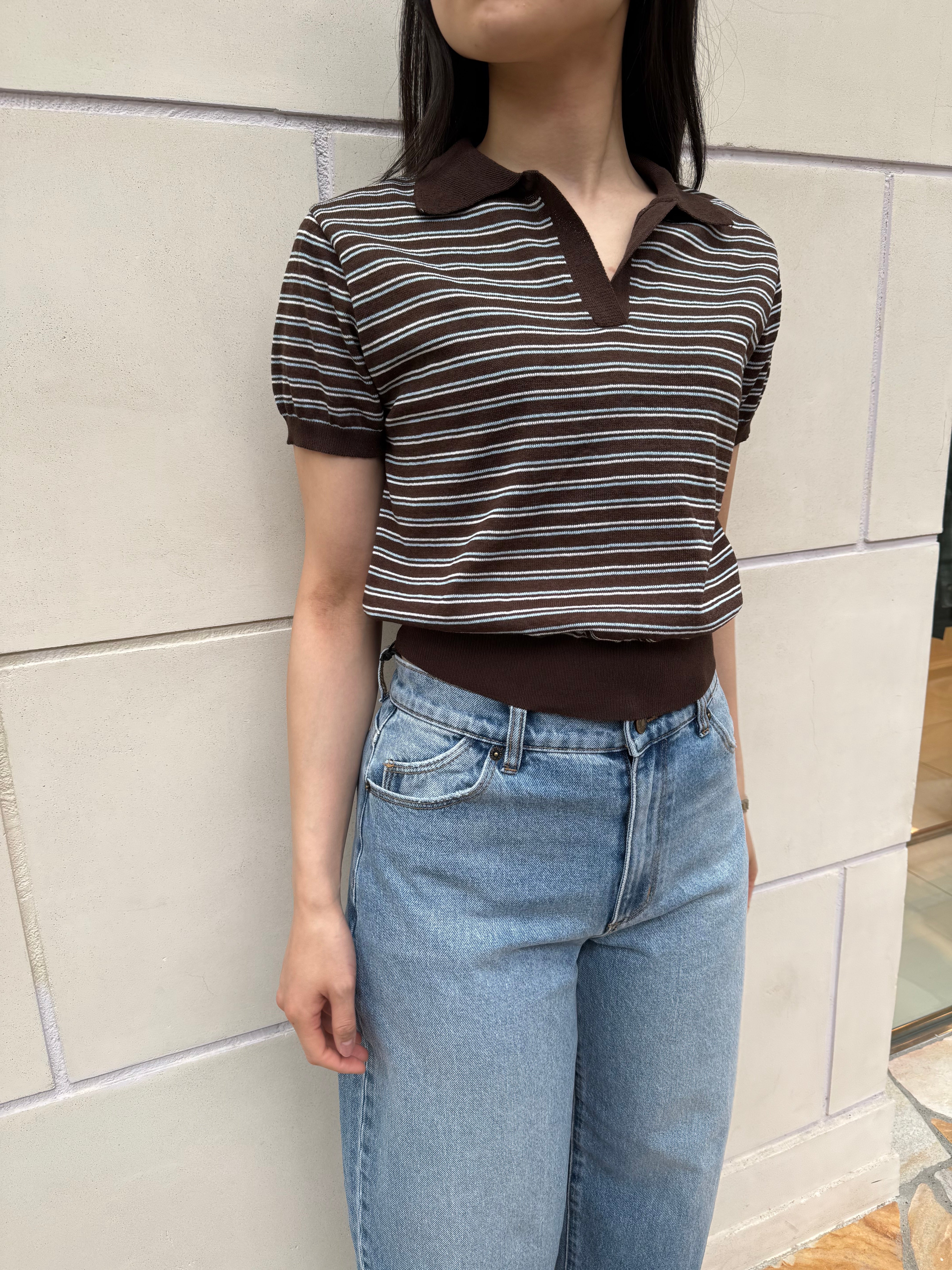 【FLEK】LINEN STRIPED COLLAR KNIT