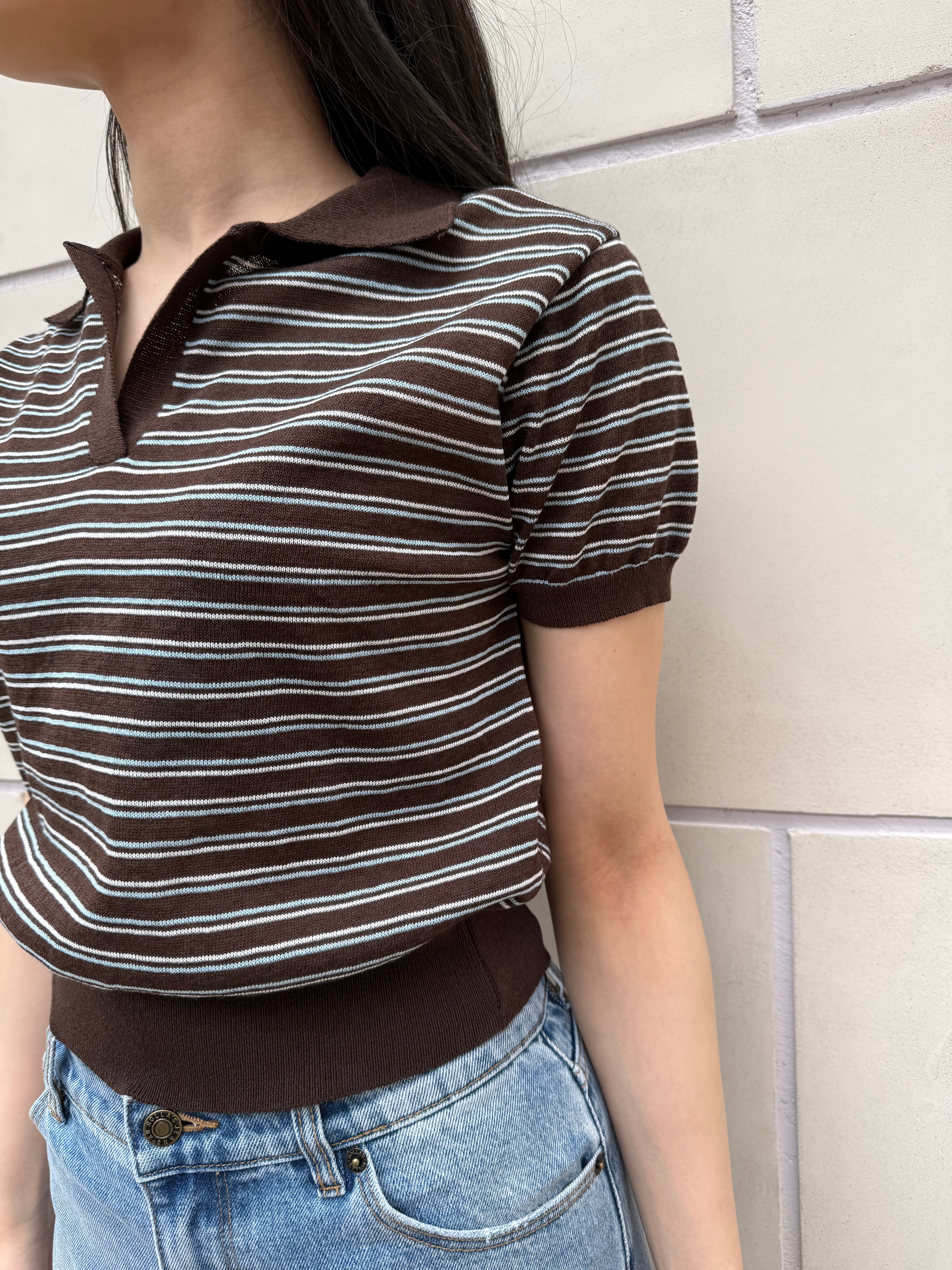 【FLEK】LINEN STRIPED COLLAR KNIT