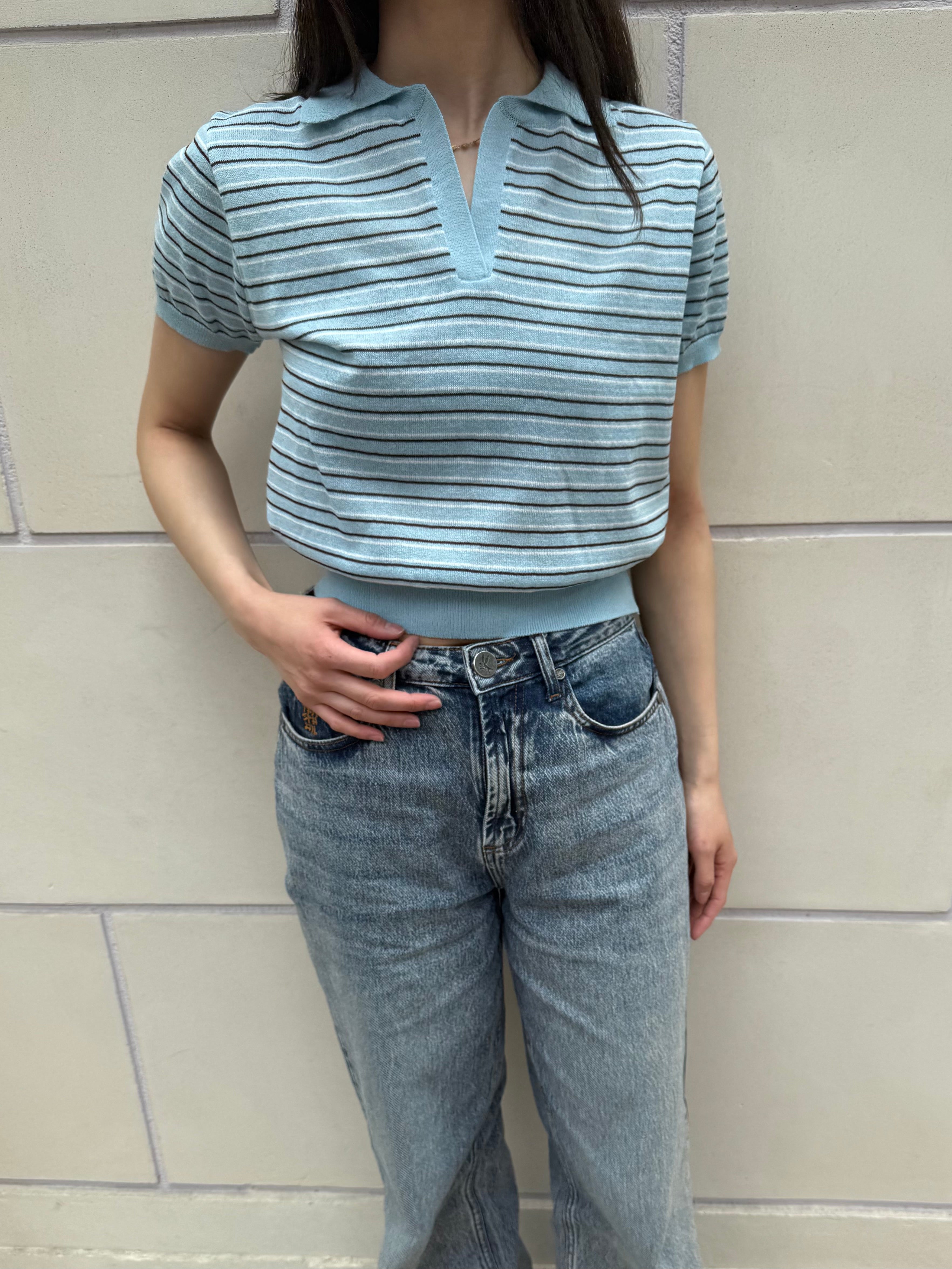 【FLEK】LINEN STRIPED COLLAR KNIT