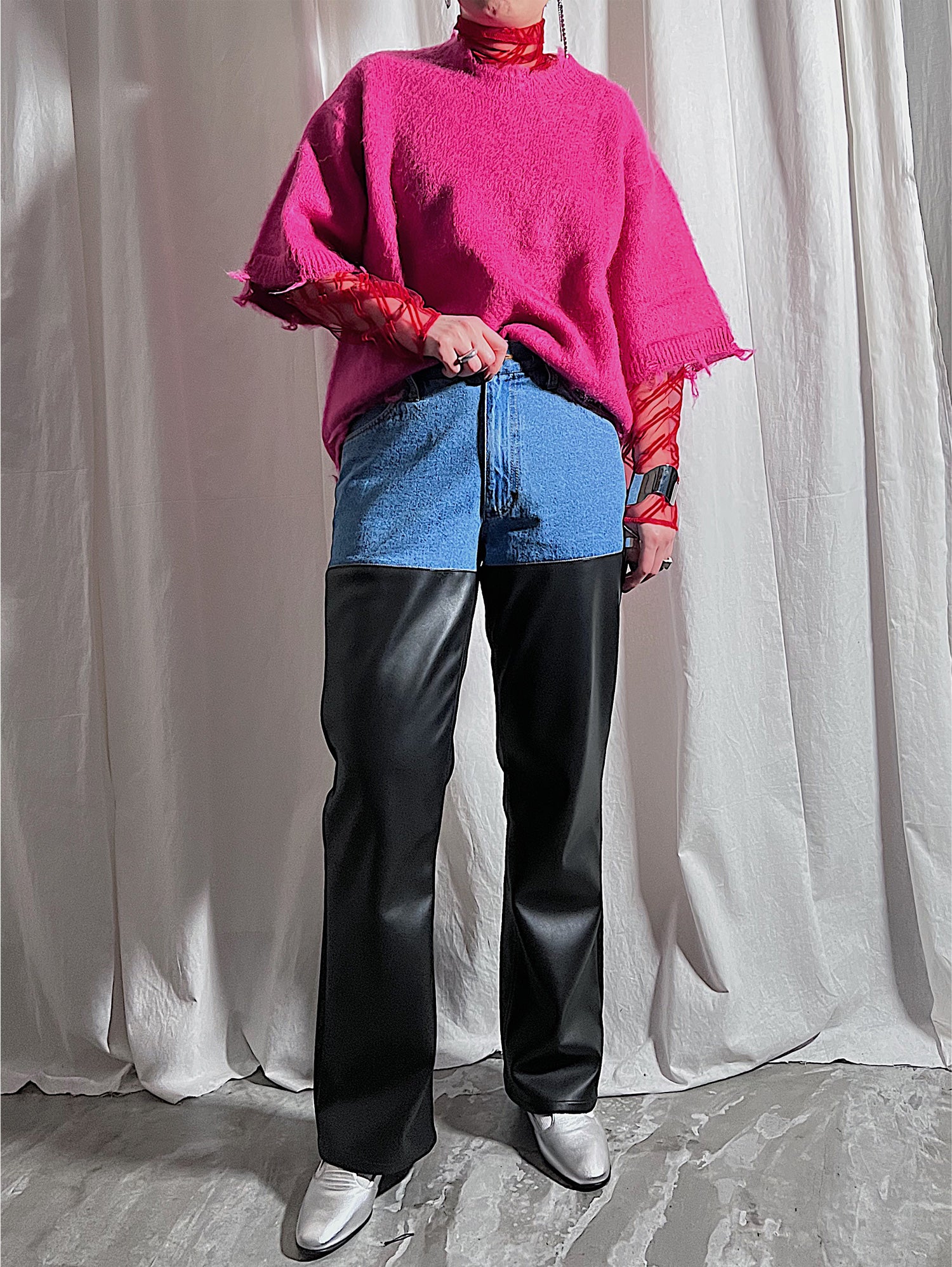 DENIM × FAKE LEATHER PANTS