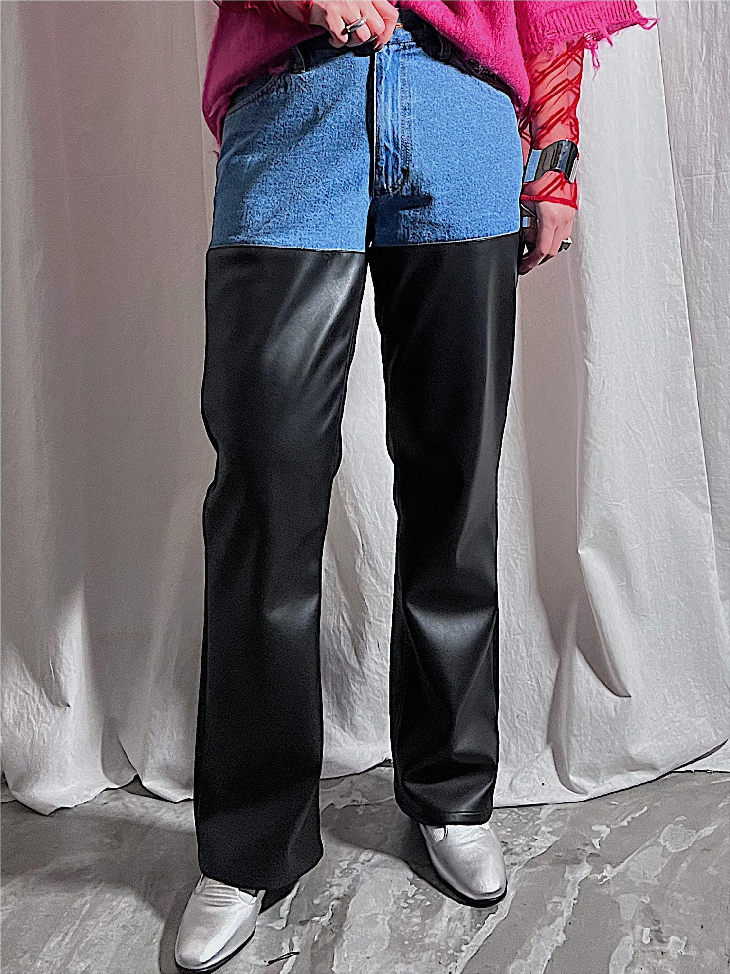 DENIM × FAKE LEATHER PANTS