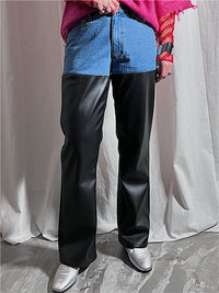 DENIM × FAKE LEATHER PANTS