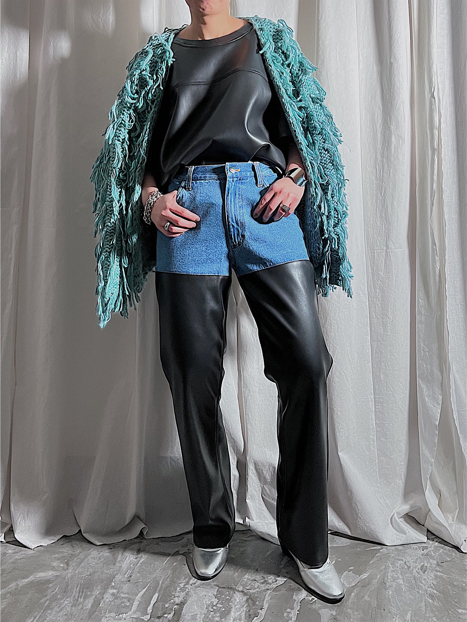DENIM × FAKE LEATHER PANTS